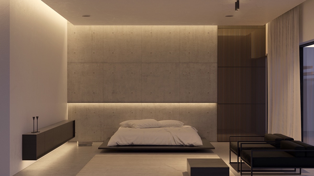 Бетонная стена в спальне: 30 стильных примеров